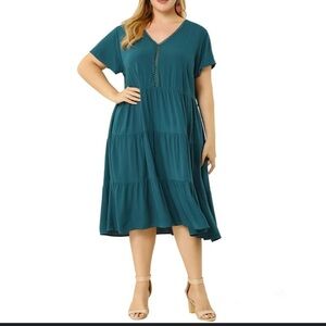 Teal V-Neck Midi Dress